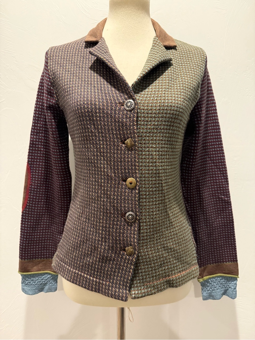Shu Shu - Interesting Intricate Woven Multi-Tone Button Front Cardigan
